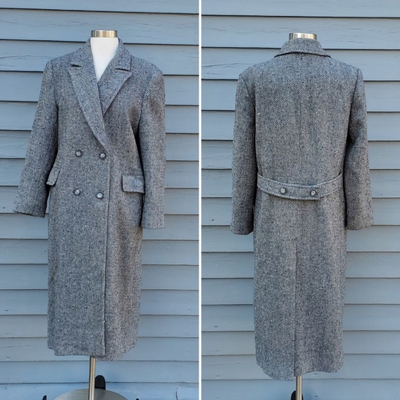Vintage 80s Pendleton Blue Black Gray Barleycorn Tweed Wool Trench Coat 12 - Picture 1 of 8